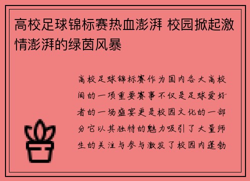 高校足球锦标赛热血澎湃 校园掀起激情澎湃的绿茵风暴
