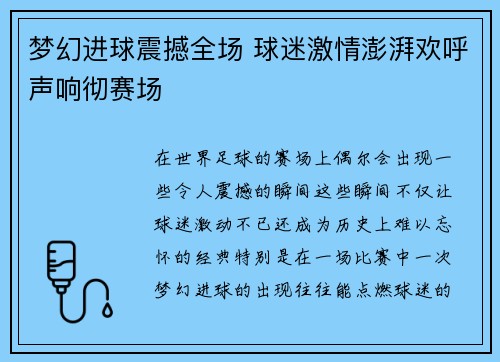 梦幻进球震撼全场 球迷激情澎湃欢呼声响彻赛场